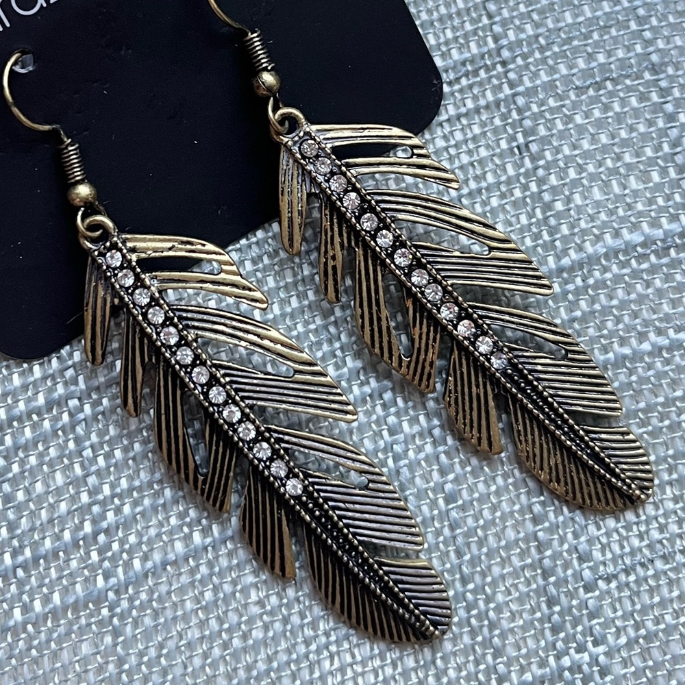 Feather Dangle Earrings with Rhinestones
